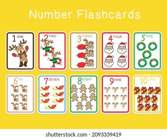 Cute Christmas number flashcards set. Christmas number Flashcards edition. Educational printable math flashcards. Counting number flashcards. Vector illustration. 