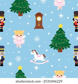 Cute Christmas nutcracker fairy tale seamless pattern background