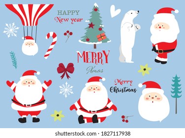 Cute Christmas object collection with santa claus,christmas tree, polar bear, snowflake