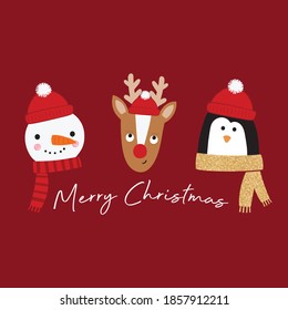 Cute Christmas Objects Vector Snowman,Deer,Penguin