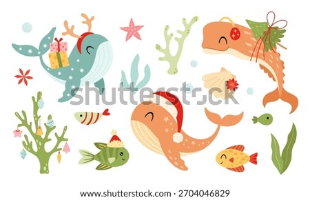 Cute Christmas Ocean Animals Clipart Set. Cartoon Xmas Sea Creatures. Holiday Undersea World Design. Festive Nautical Illustrations.