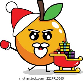 cute christmas orange fruit mascot vector with saint clouse gift train