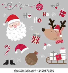 Cute Christmas ornament sets, print template of Christmas character, with silver and red color