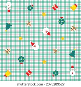 Cute Christmas Ornament Snowman, Christmas tree, Reindeer, Bell, Wreath, Star, Santa Element  Green Gingham Pattern Editable Stroke. Cartoon Illustration, Mat, Fabric, Textile, Scarf, Wrapping Paper.