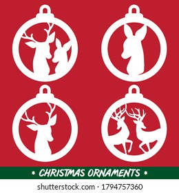 Cute Christmas Ornaments, Set of four xmas reindeer ornaments, ready to laser - cnc cut