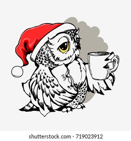 Cute Christmas owl with cup of coffee hand drawn vector llustration. Can be used for  t-shirt  or bags print, fashion print design, greeting and invitation card.