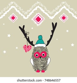cute christmas owl with deer antler, Merry Christmas card with owl vector illustration