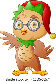 Cute Christmas owl in hat waving