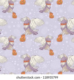 Cute Christmas owl with presents seamless pattern