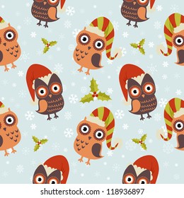Cute Christmas owl with presents seamless pattern