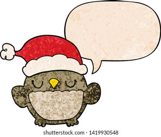 cute christmas owl with speech bubble in retro texture style