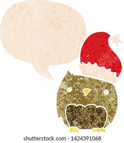 cute christmas owl with speech bubble in grunge distressed retro textured style