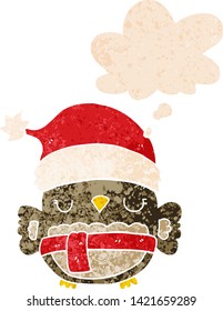 cute christmas owl with thought bubble in grunge distressed retro textured style