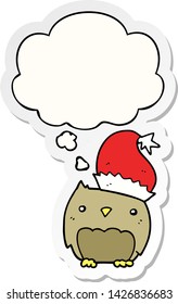 lindo búho de navidad con burbuja de pensamiento como pegatina impresa