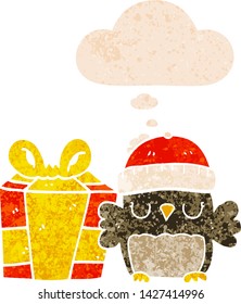 cute christmas owl with thought bubble in grunge distressed retro textured style