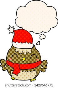 cute christmas owl with thought bubble in comic book style