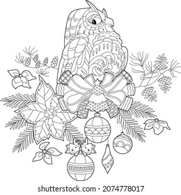 Cute Christmas owl. Winter holiday decoration. Black and white elements. Traditional festive decor for season design. Hand drawn illustration for children and adults, coloring books and tattoo.