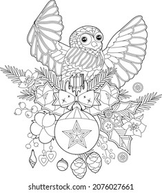 Cute Christmas owl. Winter holiday decoration. Black and white elements. Traditional festive decor for season design. Hand drawn illustration for children and adults, coloring books and tattoo.
