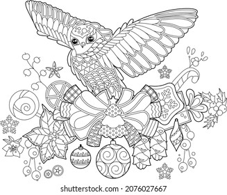 Cute Christmas owl. Winter holiday decoration. Black and white elements. Traditional festive decor for season design. Hand drawn illustration for children and adults, coloring books and tattoo.
