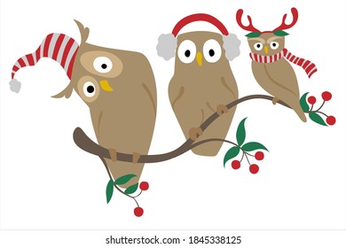 
Cute Christmas owls are sitting on branch. Owl in santa hat, owl with deer horns. New Year's print for pajamas, textiles, fabrics.
