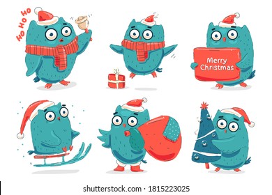 Cute Christmas owls vector cartoon characters set isolated on a white background.