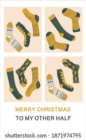 Cute Par de Navidad Socks Vector Postcard Diseño Amarillo Verde. Para parejas, niños estacionarios, tela, camisetas. 