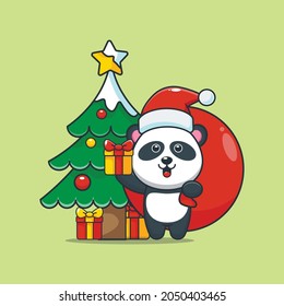 Cute navidad panda caricatura ilustración vectorial