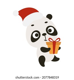 Cute Christmas panda with gift on white background. Cartoon animal character for kids cards, baby shower, invitation, poster, t-shirt composition, house interior. Vector stock illustration.