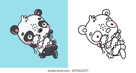 Cute Christmas Panda Illustration and For Coloring Page. Cartoon Stickers New Year Bear. Beautiful Vector Illustration of Kawaii Animal for Xmas Stickers. 