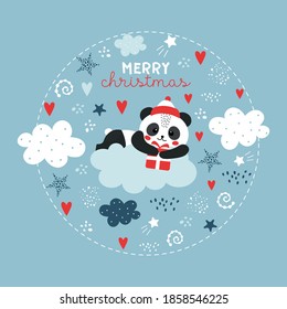 Cute christmas panda on the cloud. Panda, rainbow, clouds, stars, hearts, sky. Printing on fabric, paper, clothing, wallpaper, poster, postcard.