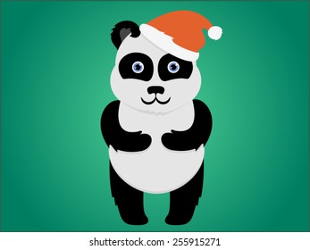 Cute christmas panda on the green background in vector.