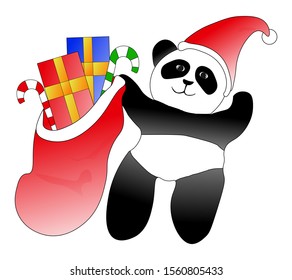 Cute Christmas Panda With Santa Hat And Sack of Gifts. Cartoon Character Vector Illustration Isolated in White Background. Very Nice Cartoon and Suitable for Christmas Events.