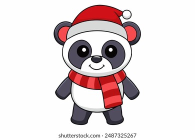 Cute Christmas Panda in Santa Hat - Festive Animal Cartoon for Kids , Merry Christmas   Happy New Year Illustration