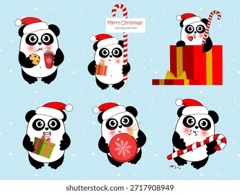 Conjunto de panda de Navidades lindas. Ilustración de niños de invierno. Carácter de Navidades.