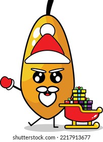 cute christmas papaya fruit mascot vector with saint clouse gift train