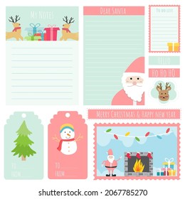 Cute Christmas paper note and printable. To do list template. Business organizer set. Simple page. Scrapbook and schedule collection. Banner design for message. Sticker memo. Vector illustration.