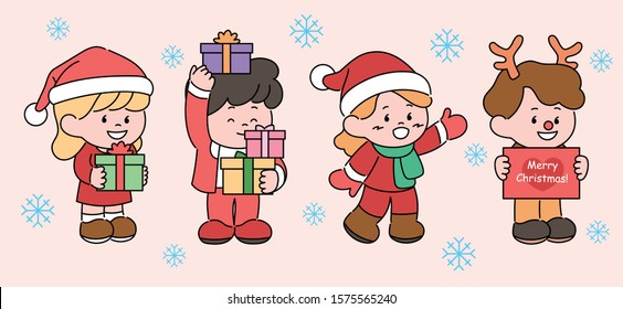 Cute Christmas party kids characters. Wearing Christmas costume is holding a gift box. hand drawn style vector design illustrations. 