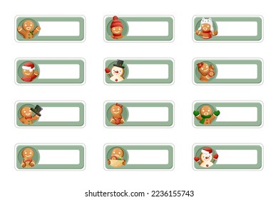 Cute Christmas Party Stickers With Gingerbread Man Characters And Name Tag