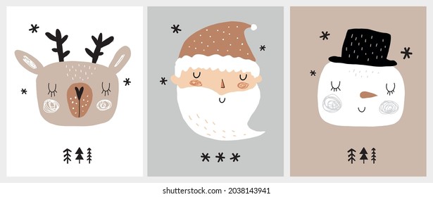 Cute Christmas Party Vector Illustrations with Snowman, Deer, Santa Claus and Trees on a White, Gray and Brown Background. Hand Drawn Infantile Style Winter Holidays Prints ideal for Card, Wall Art. 