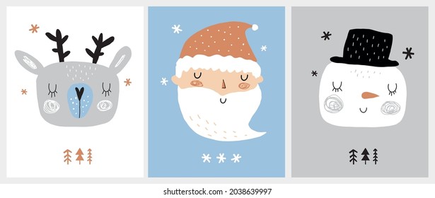 Cute Christmas Party Vector Illustrations with Snowman, Deer, Santa Claus and Trees on a White, Gray and Blue Background. Hand Drawn Infantile Style Winter Holidays Prints ideal for Card, Wall Art. 