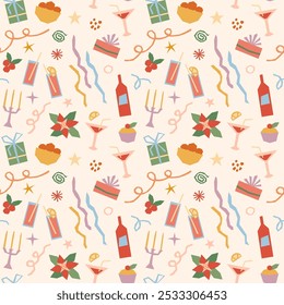 Cute Christmas party vector seamless pattern. Modern festive xmas design with poinsettia, wine bottle, cocktail glass, gift box on pastel pink background. Happy New year celebration geometric style