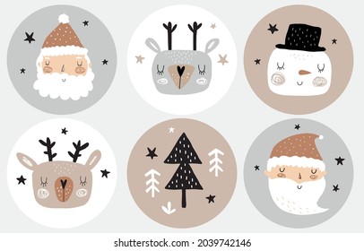 Cute Christmas Party Vector Stickers. Shape Party Tags with Snowman, Deer, Santa Claus and Trees on a White, Gray and Brown Background. Hand Drawn Infantile Style Winter Holidays Cake Toppers. 