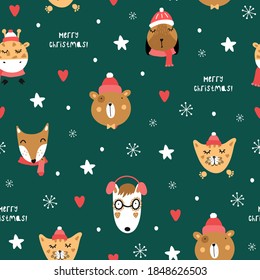 Cute Christmas pattern with animals.  Fox, wolf, bear, giraffe, dog, cat. Seamless vector children`s background.  Christmas motives. Printing on paper, textile, fabric, wallpaper.