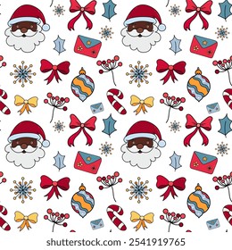 Cute Christmas Pattern with Black Santa Head and Decorative elements. Hand draw Christmas Seamless pattern for fabric, wrapping paper, textile, greeting cards. 