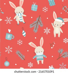 Cute christmas pattern with bunnies and festive decor. Seamless new year vector print for wrapping paper.