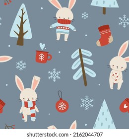 Patrón de navidad con conejitos en el bosque invernal. Impresión vectorial sin fisuras de año nuevo para papel envolvente.