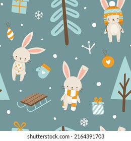 Cute christmas pattern with bunnies in the winter forest. Seamless new year vector print for textile and wrapping.