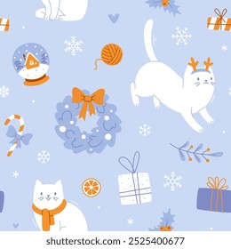 Cute christmas pattern with cats and festive decor. Seamless vector xmas print for baby textile.