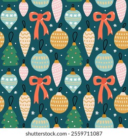 Cute Christmas pattern with colorful baubles. Vector hand-drawn illustration in flat style. Perfect for holiday and season designs, cards, decorations,  wallpaper, wrapping paper, fabric.