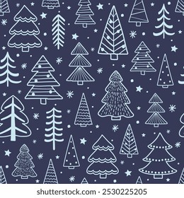 Cute Christmas pattern with colourful trees and snowflakes. Wallpaper concept. Vector illustration